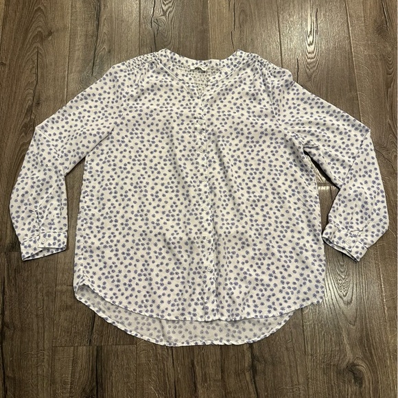 Beach Lunch Lounge Blouse Top Ditsy Blue Floral Flowy Cottagecore Button Up Sz L - Picture 4 of 12